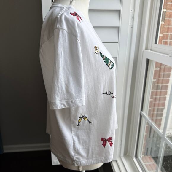 J. CREW Embroidered Party Tee Womens Small White Embellished Cheers Holiday Boxy - Picture 5 of 14